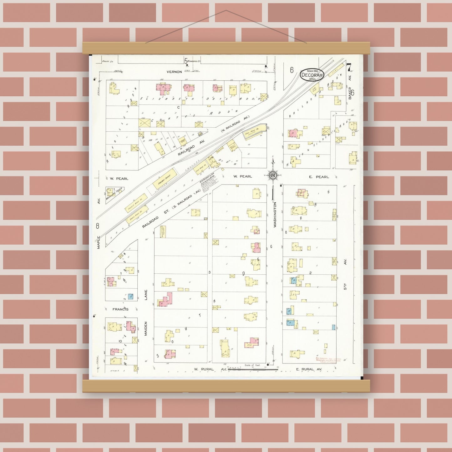 Old map wall art mockup — magnetic wood frame on brick wall — Sanborn Fire Insurance Map from Decorah, Winneshiek County, Iowa (1914), Sheet #0007