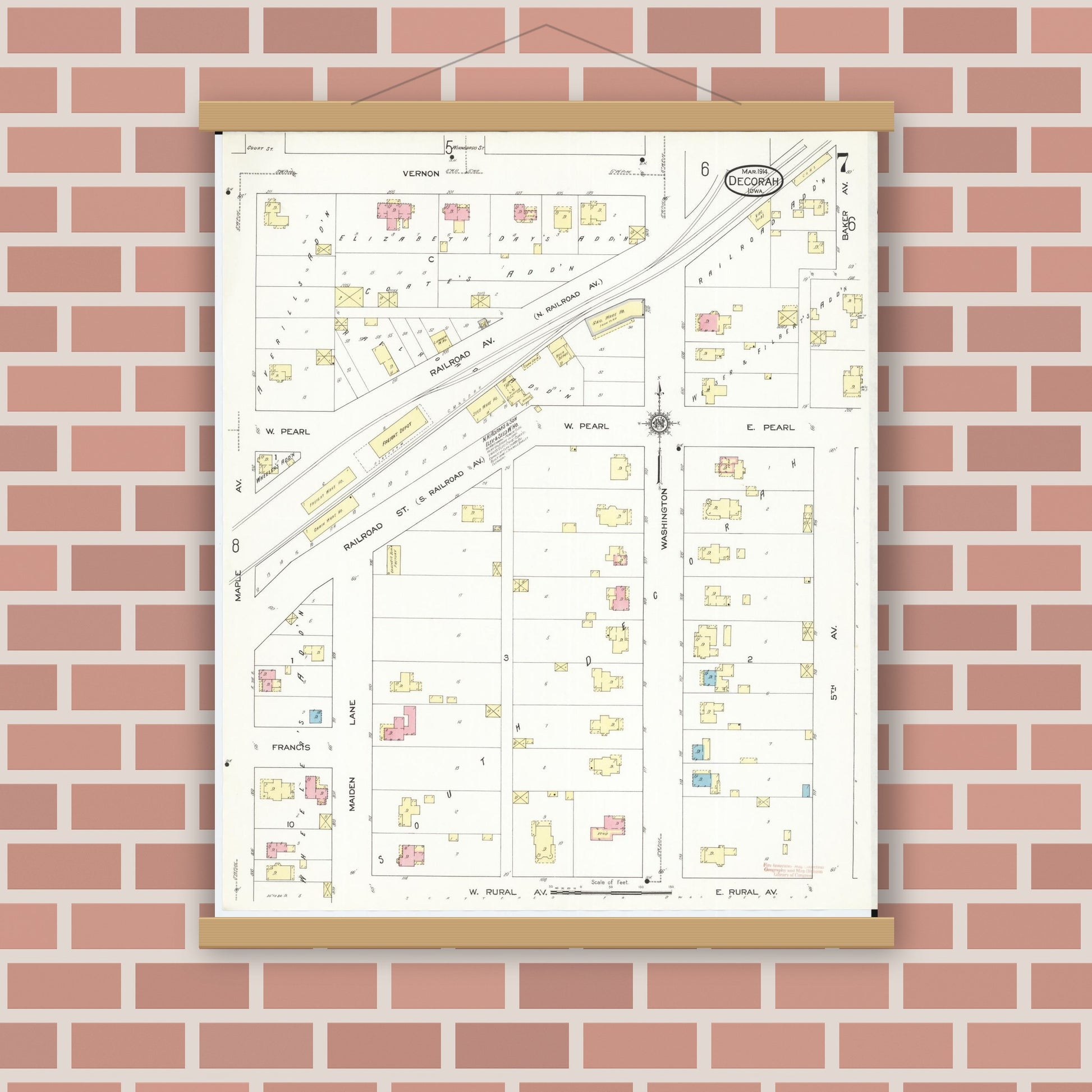 Old map wall art mockup — magnetic wood frame on brick wall — Sanborn Fire Insurance Map from Decorah, Winneshiek County, Iowa (1914), Sheet #0007