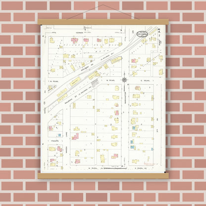 Old map wall art mockup — magnetic wood frame on brick wall — Sanborn Fire Insurance Map from Decorah, Winneshiek County, Iowa (1914), Sheet #0007
