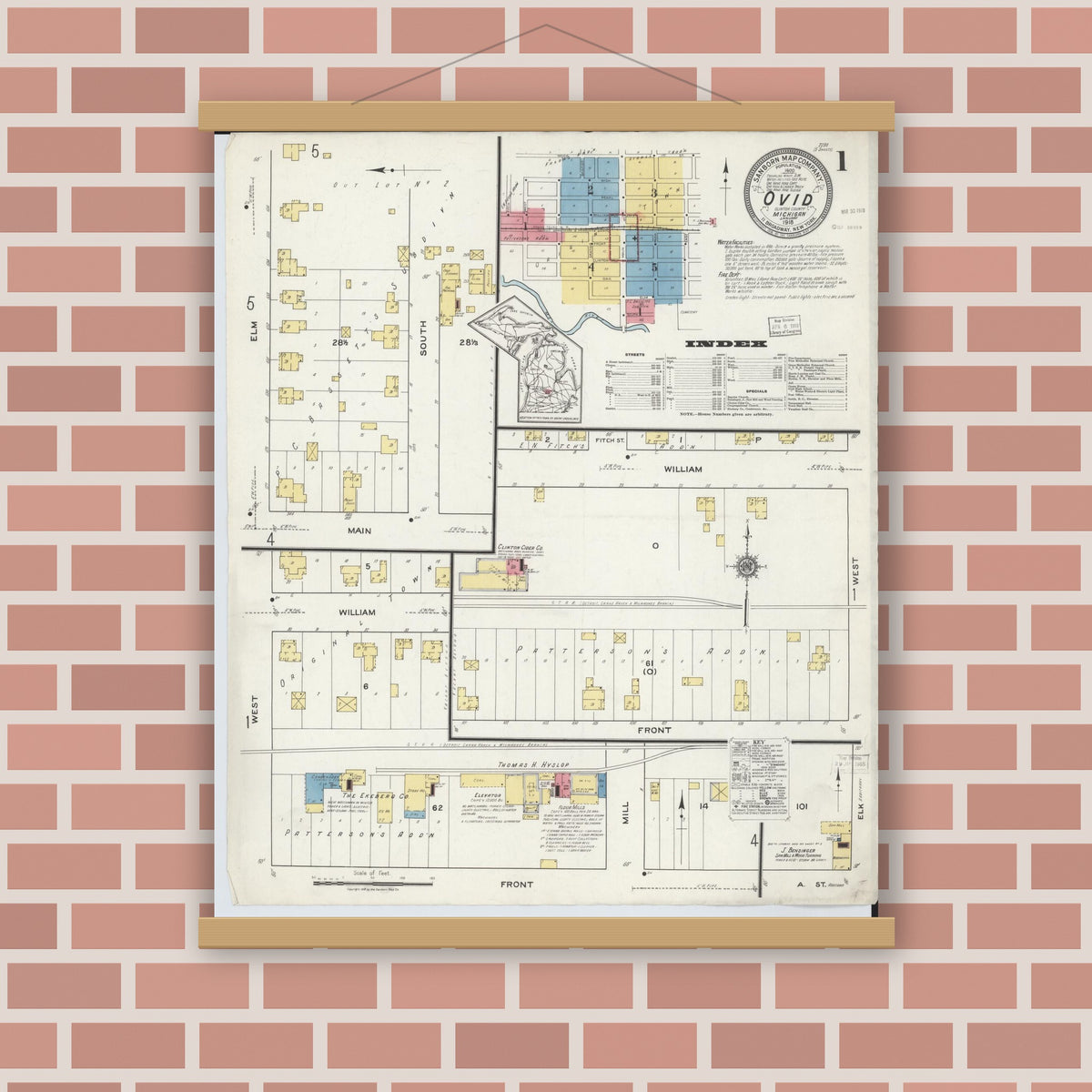 Old map wall art mockup — magnetic wood frame on brick wall — Sanborn Fire Insurance Map from Ovid, Clinton County, Michigan (1918), Sheet #0001