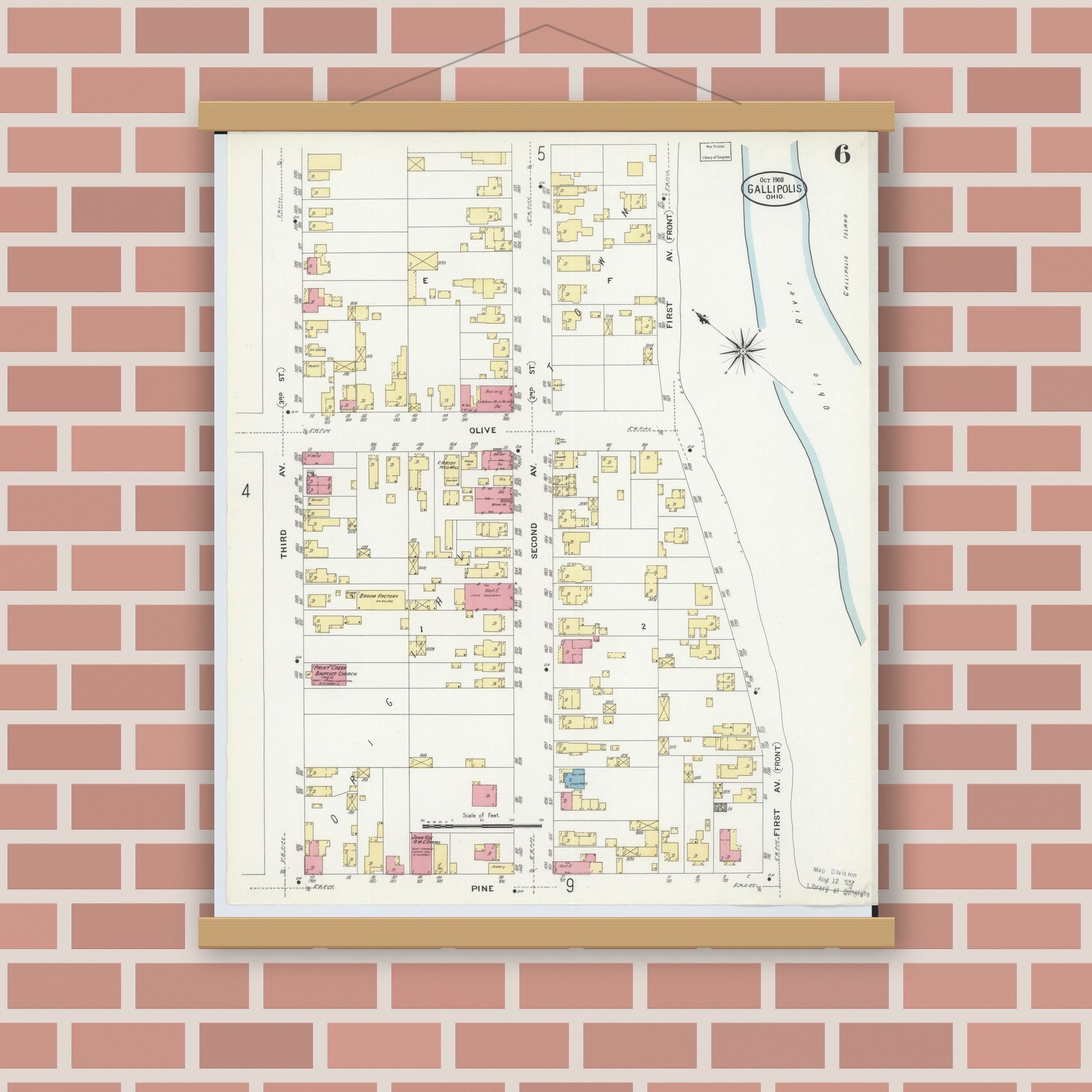 Old map wall art mockup — magnetic wood frame on brick wall — Sanborn Fire Insurance Map from Gallipolis, Gallia County, Ohio (1908), Sheet #0006