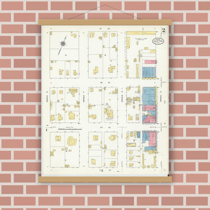Old map wall art mockup — magnetic wood frame on brick wall — Sanborn Fire Insurance Map from Clifton, Bosque County, Texas (1911), Sheet #0002