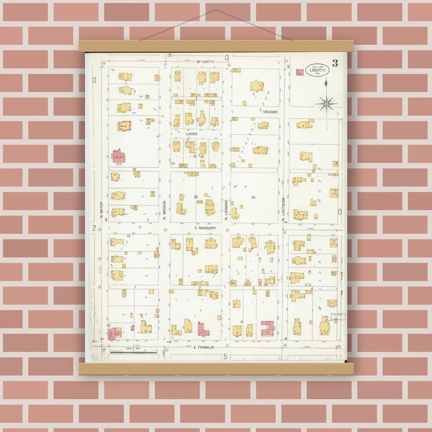 Old map wall art mockup — magnetic wood frame on brick wall — Sanborn Fire Insurance Map from Liberty, Clay County, Missouri (1906), Sheet #0003
