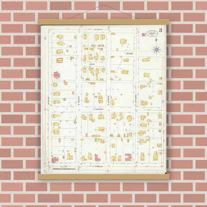 Old map wall art mockup — magnetic wood frame on brick wall — Sanborn Fire Insurance Map from Liberty, Clay County, Missouri (1906), Sheet #0003