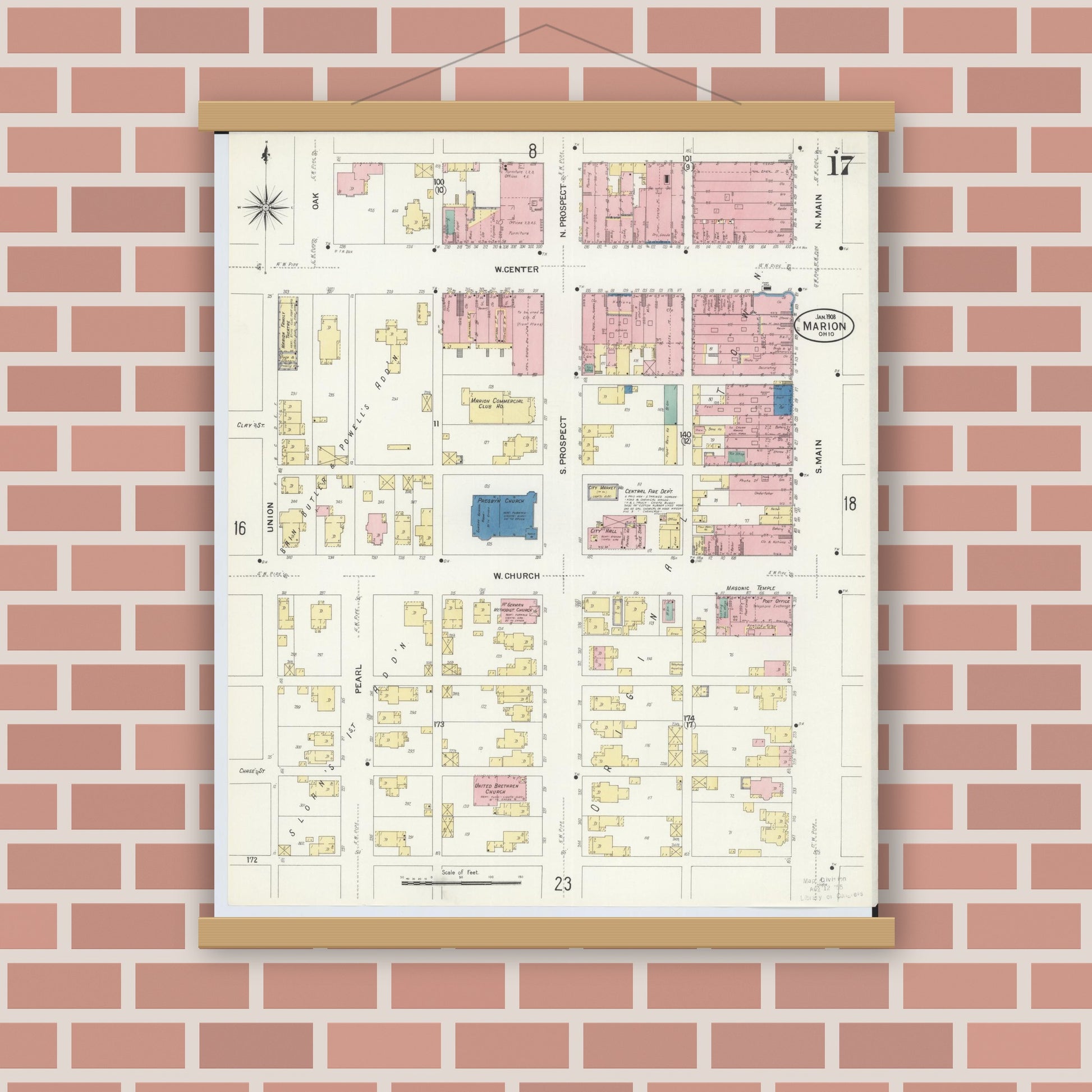 Old map wall art mockup — magnetic wood frame on brick wall — Sanborn Fire Insurance Map from Marion, Marion County, Ohio (1908), Sheet #0017