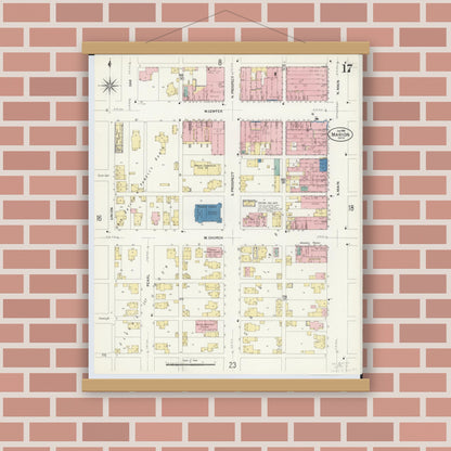 Old map wall art mockup — magnetic wood frame on brick wall — Sanborn Fire Insurance Map from Marion, Marion County, Ohio (1908), Sheet #0017