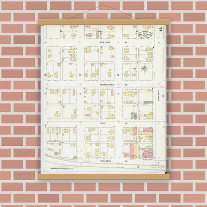 Old map wall art mockup — magnetic wood frame on brick wall — Sanborn Fire Insurance Map from Wellston, Jackson County, Ohio (1897), Sheet #0002