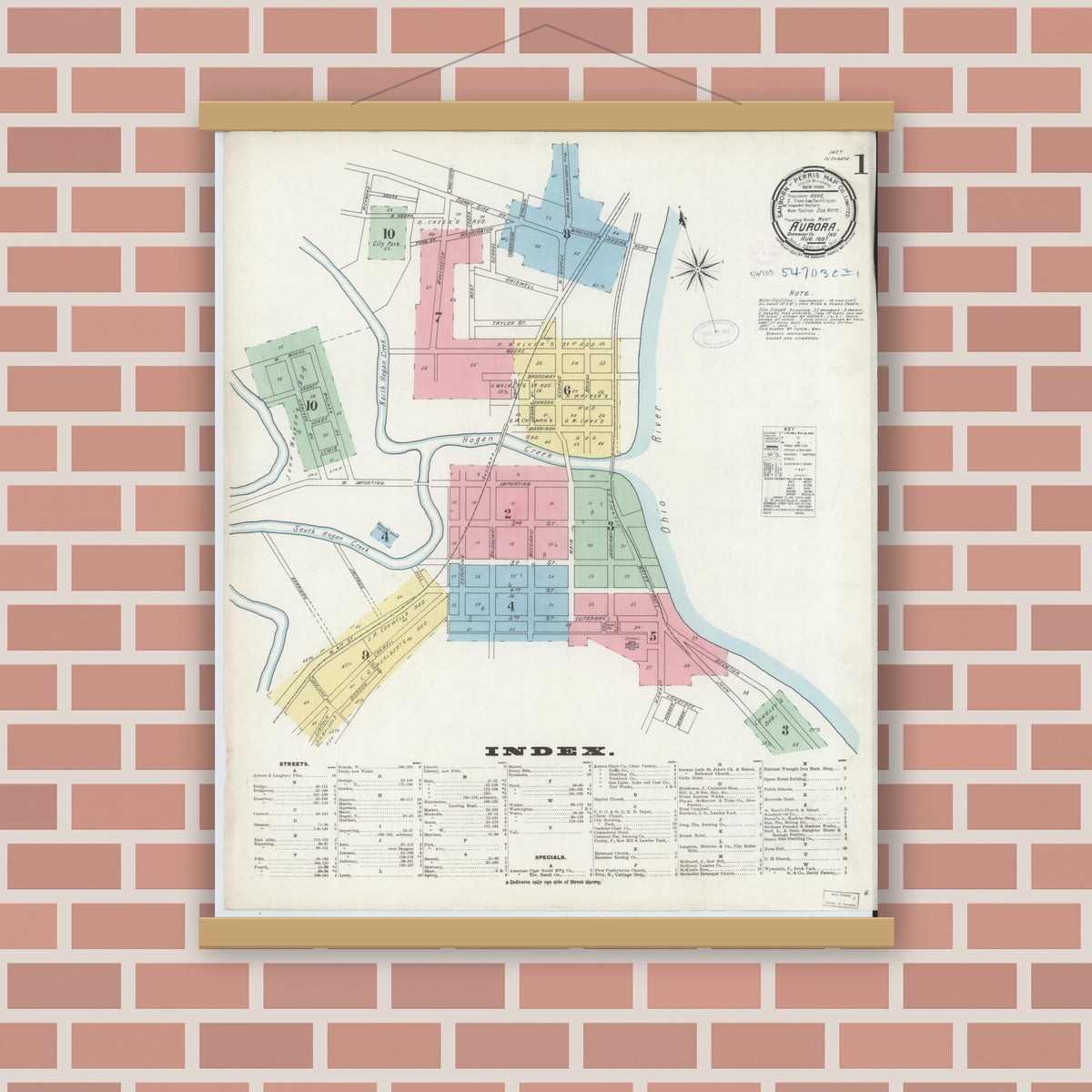 Old map wall art mockup — magnetic wood frame on brick wall — Sanborn Fire Insurance Map from Aurora, Dearborn County, Indiana (1897) - Complete Map Set