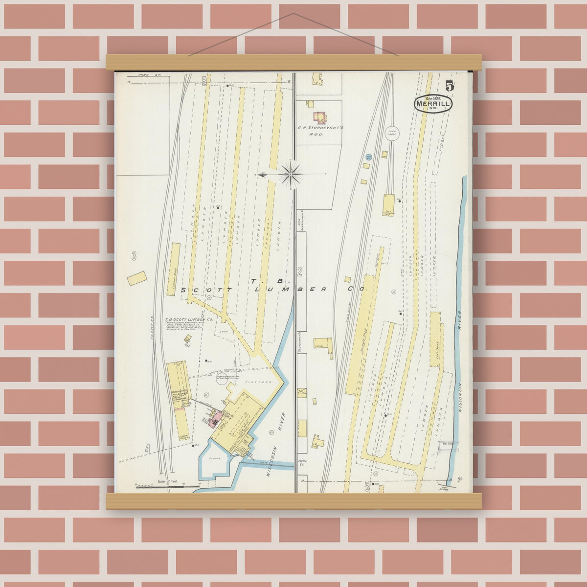 Old map wall art mockup — magnetic wood frame on brick wall — Sanborn Fire Insurance Map from Merrill, Lincoln County, Wisconsin (1892), Sheet #0005