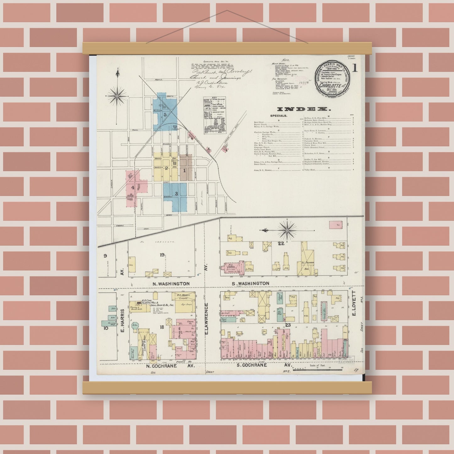 Old map wall art mockup — magnetic wood frame on brick wall — Sanborn Fire Insurance Map from Charlotte, Eaton County, Michigan (1890) - Complete Map Set