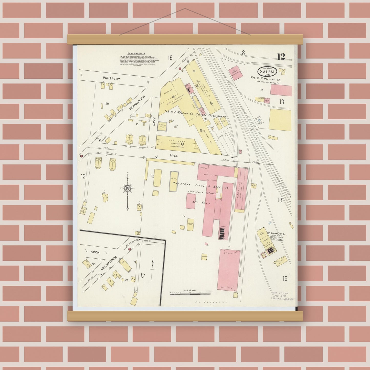 Old map wall art mockup — magnetic wood frame on brick wall — Sanborn Fire Insurance Map from Salem, Columbiana County, Ohio (1915), Sheet #0012