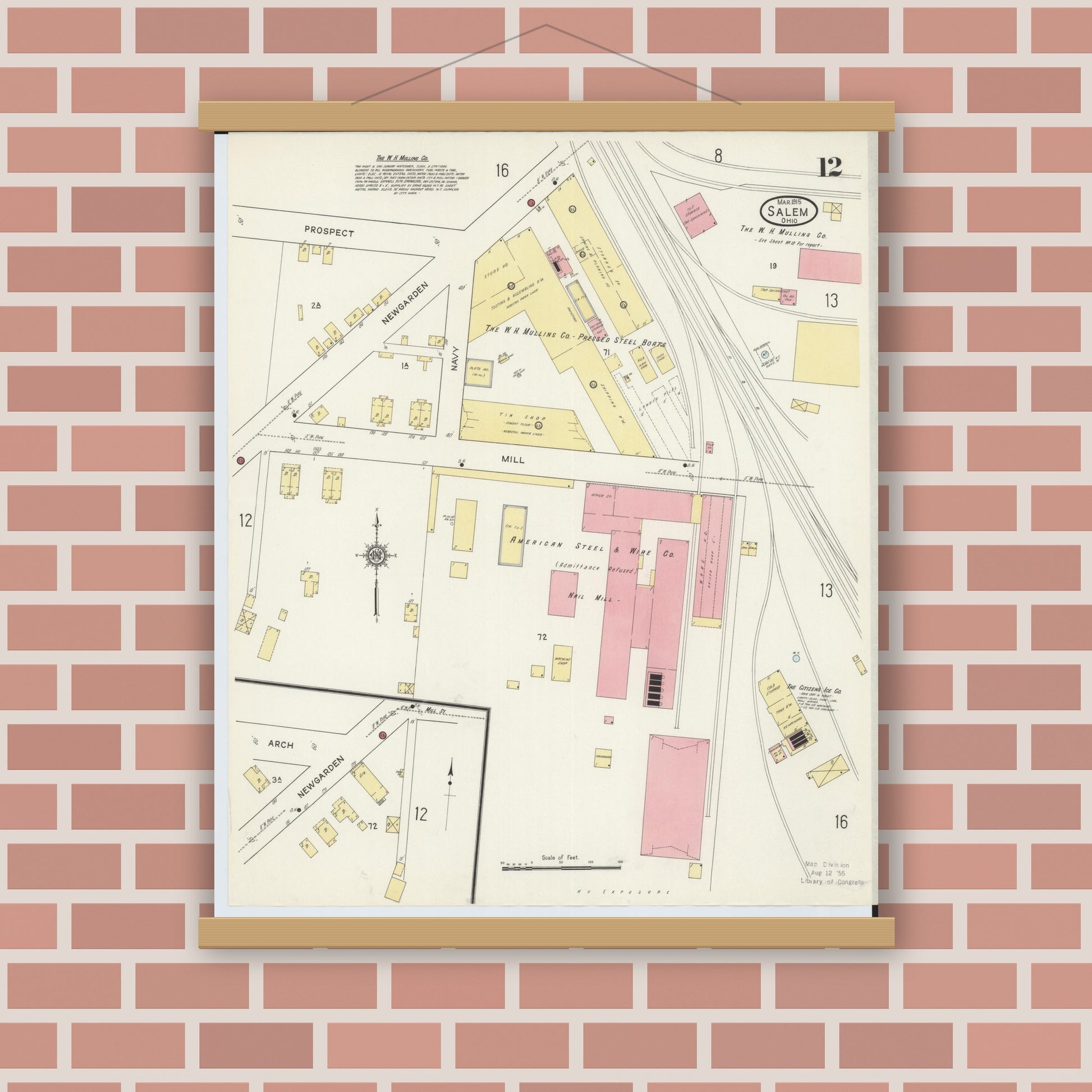 Old map wall art mockup — magnetic wood frame on brick wall — Sanborn Fire Insurance Map from Salem, Columbiana County, Ohio (1915), Sheet #0012