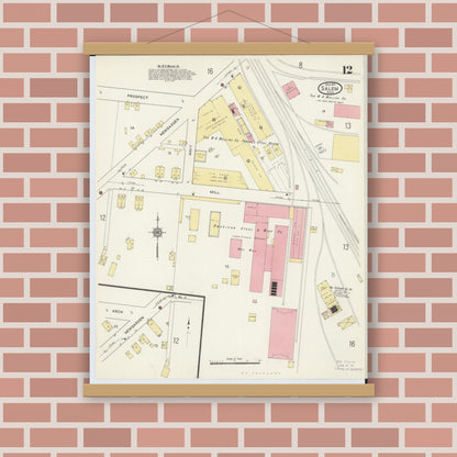Old map wall art mockup — magnetic wood frame on brick wall — Sanborn Fire Insurance Map from Salem, Columbiana County, Ohio (1915), Sheet #0012