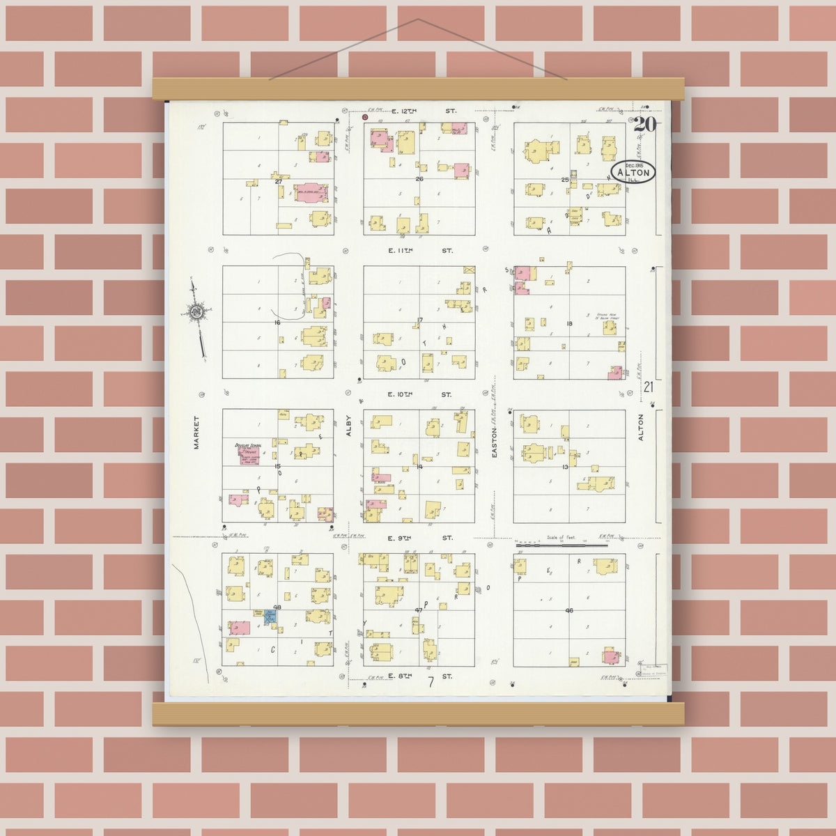 Old map wall art mockup — magnetic wood frame on brick wall — Sanborn Fire Insurance Map from Alton, Madison County, Illinois (1915), Sheet #0020