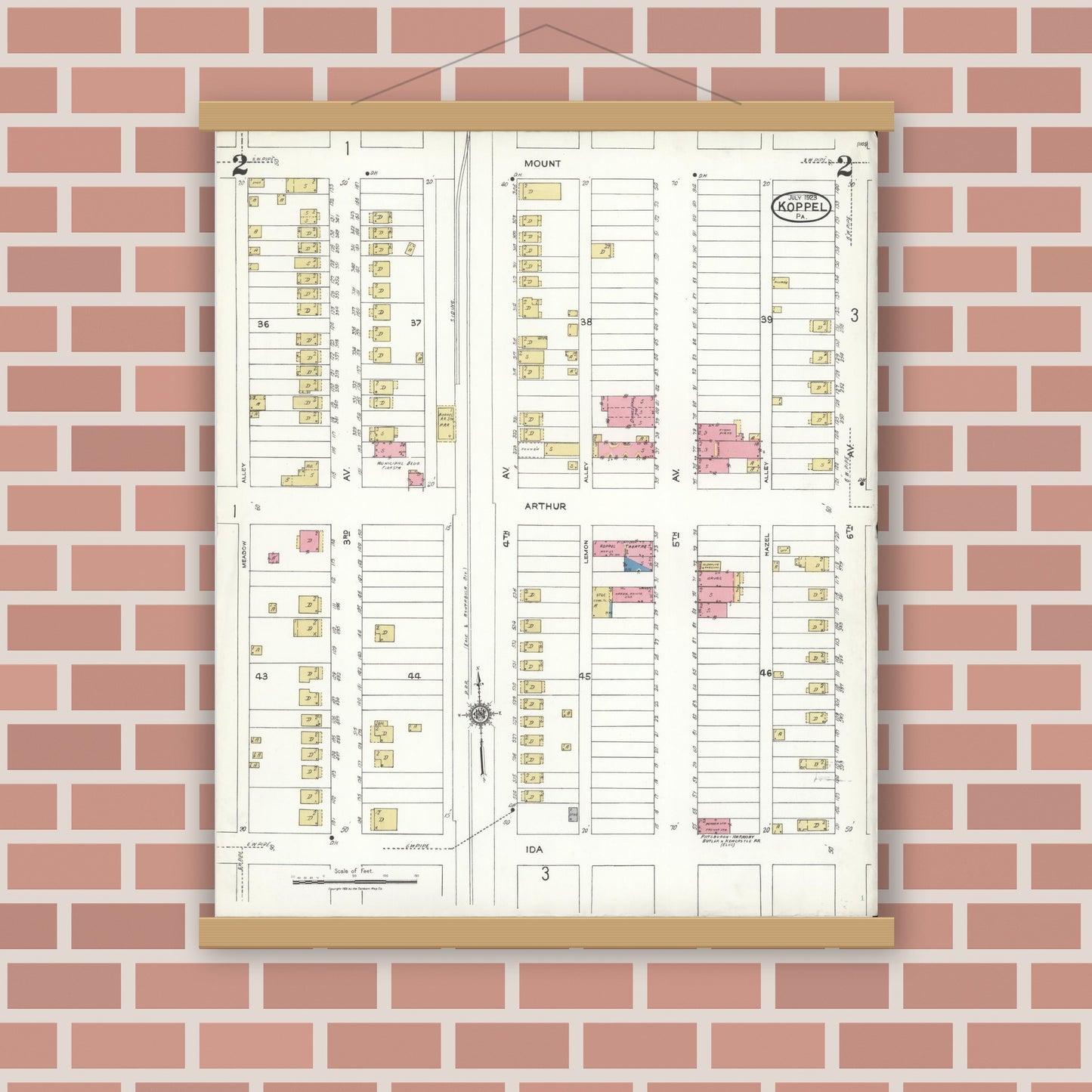Old map wall art mockup — magnetic wood frame on brick wall — Sanborn Fire Insurance Map from Koppel, Beaver County, Pennsylvania (1923), Sheet #0002