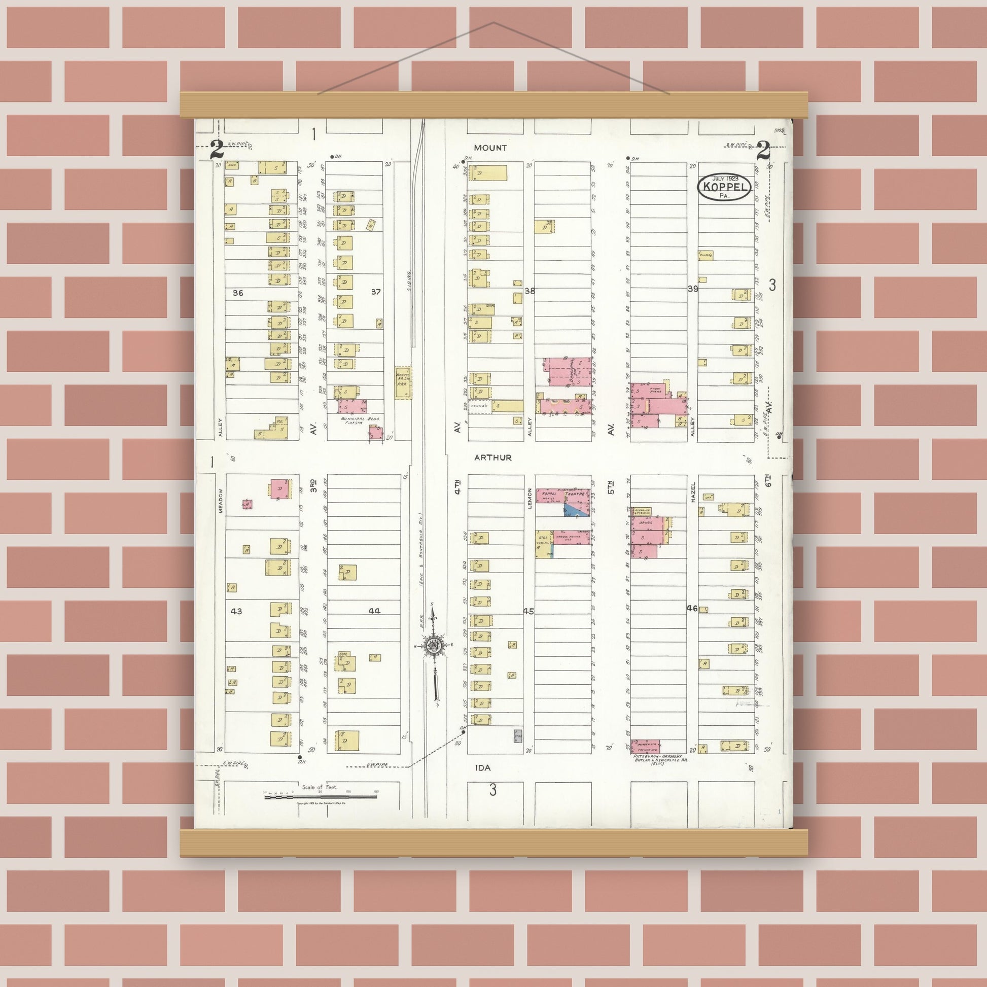 Old map wall art mockup — magnetic wood frame on brick wall — Sanborn Fire Insurance Map from Koppel, Beaver County, Pennsylvania (1923), Sheet #0002