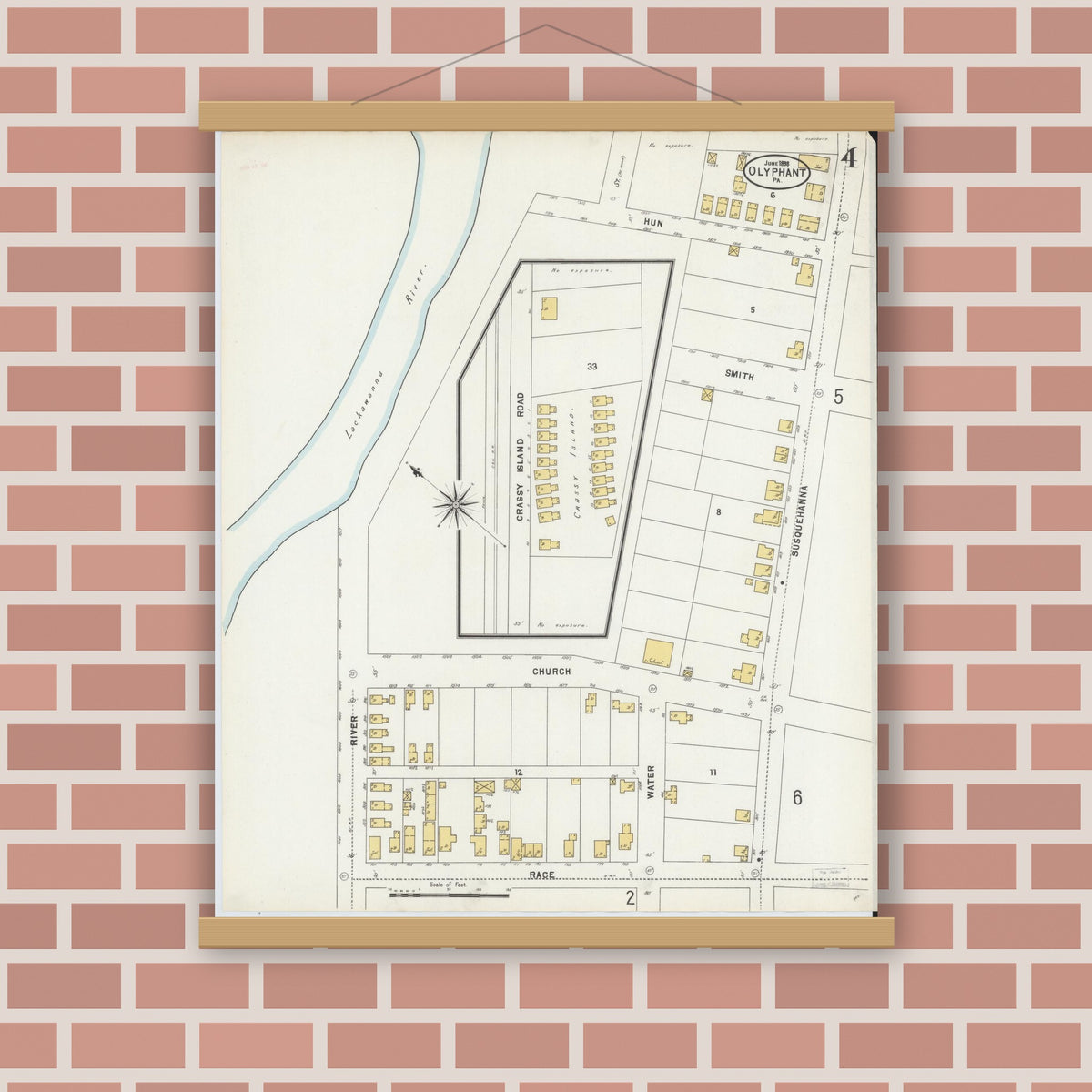 Old map wall art mockup — magnetic wood frame on brick wall — Sanborn Fire Insurance Map from Olyphant, Lackawanna County, Pennsylvania (1898), Sheet #0004