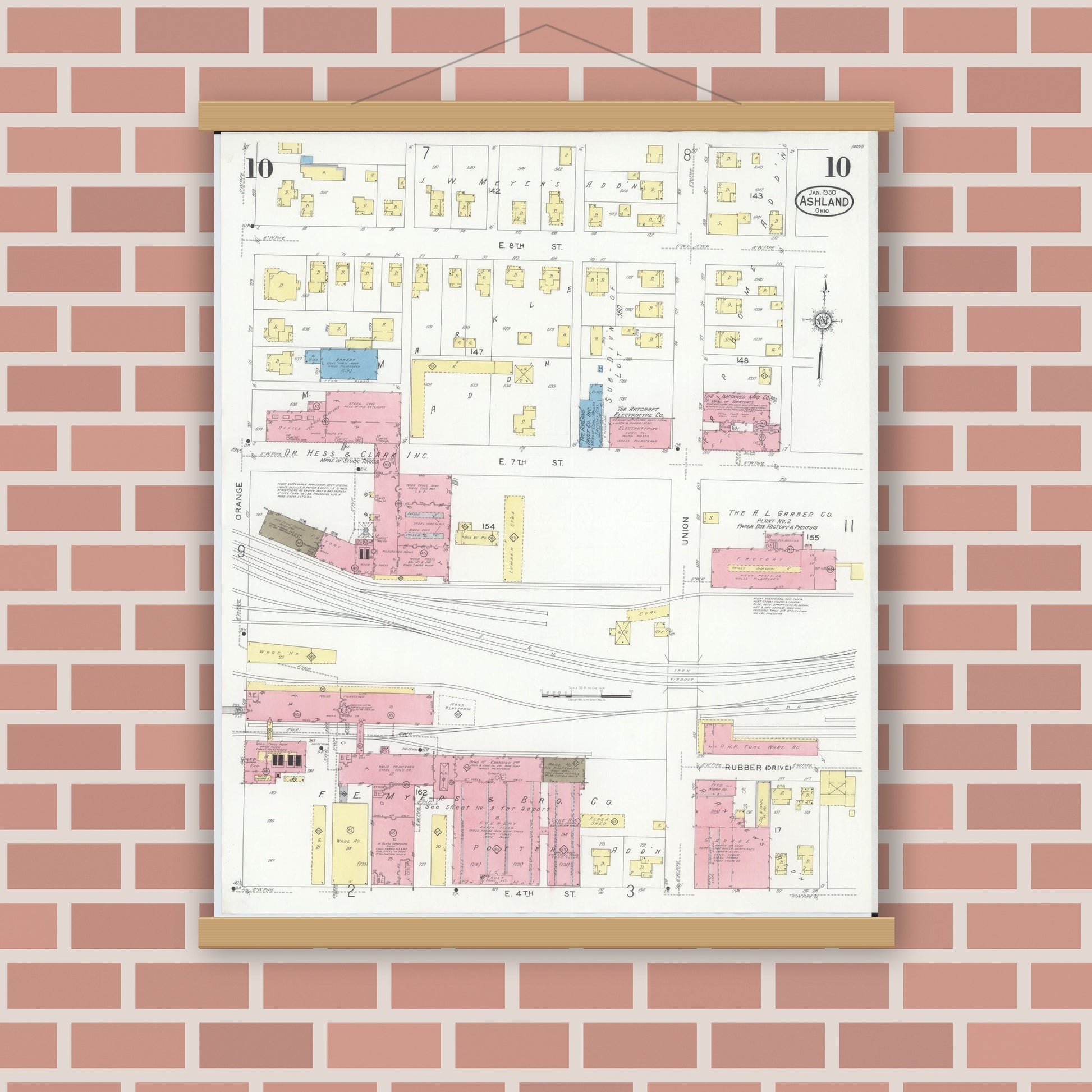 Old map wall art mockup — magnetic wood frame on brick wall — Sanborn Fire Insurance Map from Ashland, Ashland County, Ohio (1930), Sheet #0010