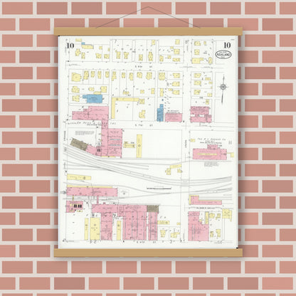 Old map wall art mockup — magnetic wood frame on brick wall — Sanborn Fire Insurance Map from Ashland, Ashland County, Ohio (1930), Sheet #0010