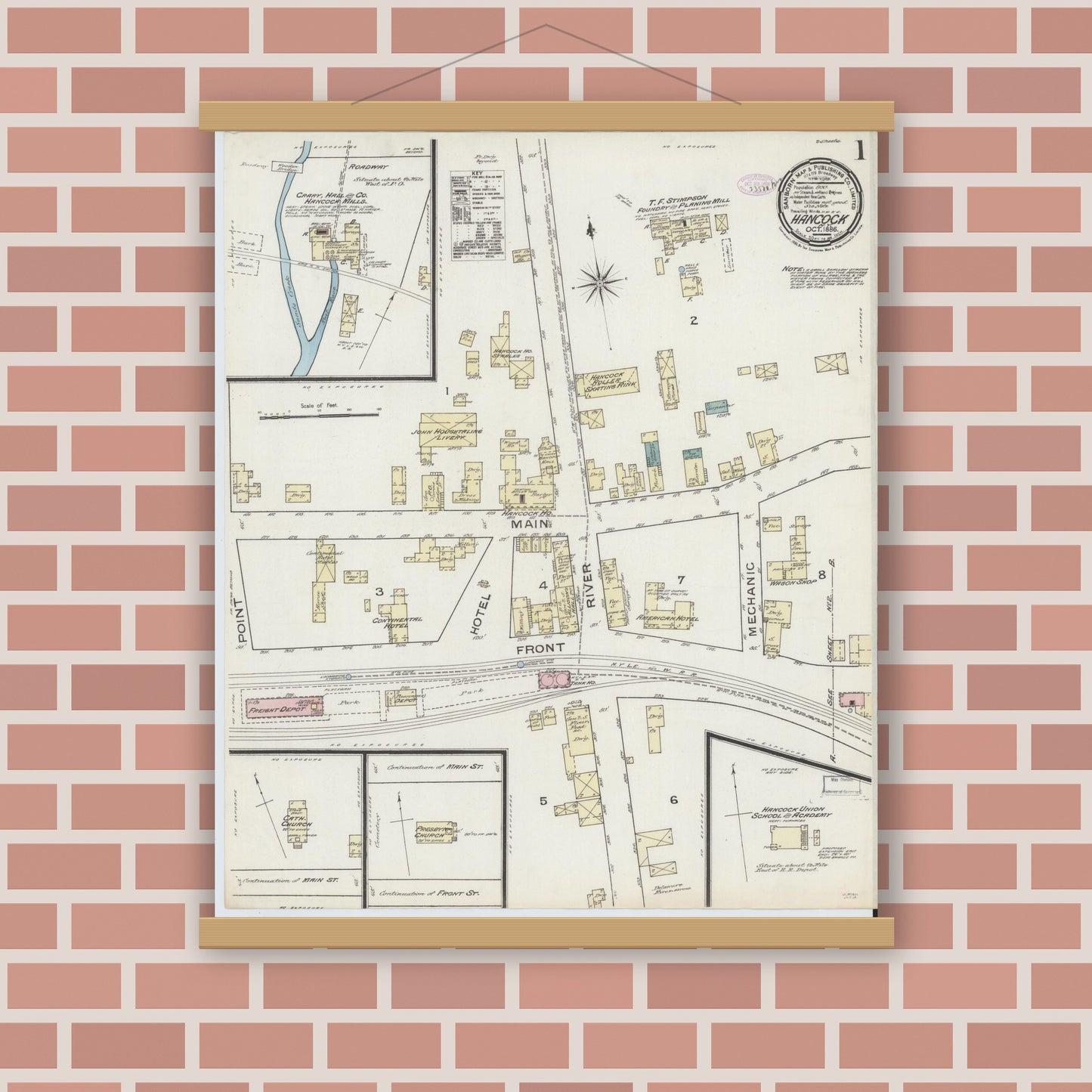 Old map wall art mockup — magnetic wood frame on brick wall — Sanborn Fire Insurance Map from Hancock, Delaware County, New York (1886) - Complete Map Set
