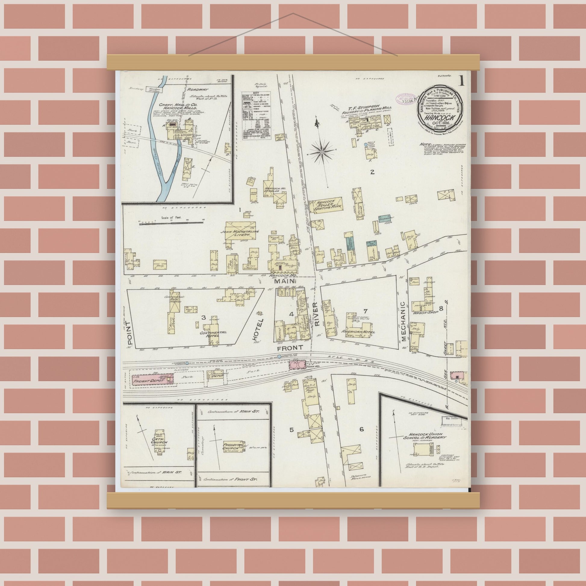 Old map wall art mockup — magnetic wood frame on brick wall — Sanborn Fire Insurance Map from Hancock, Delaware County, New York (1886) - Complete Map Set