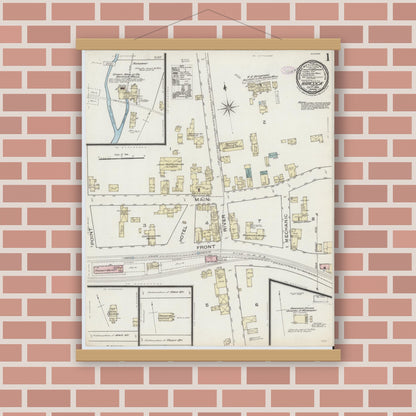 Old map wall art mockup — magnetic wood frame on brick wall — Sanborn Fire Insurance Map from Hancock, Delaware County, New York (1886) - Complete Map Set