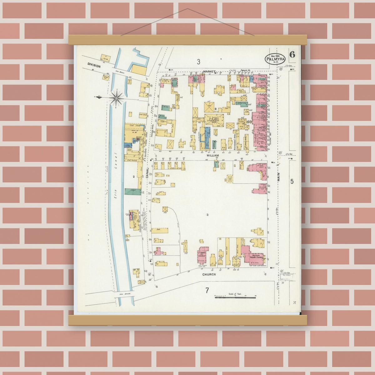 Old map wall art mockup — magnetic wood frame on brick wall — Sanborn Fire Insurance Map from Palmyra, Wayne County, New York (1906), Sheet #0006