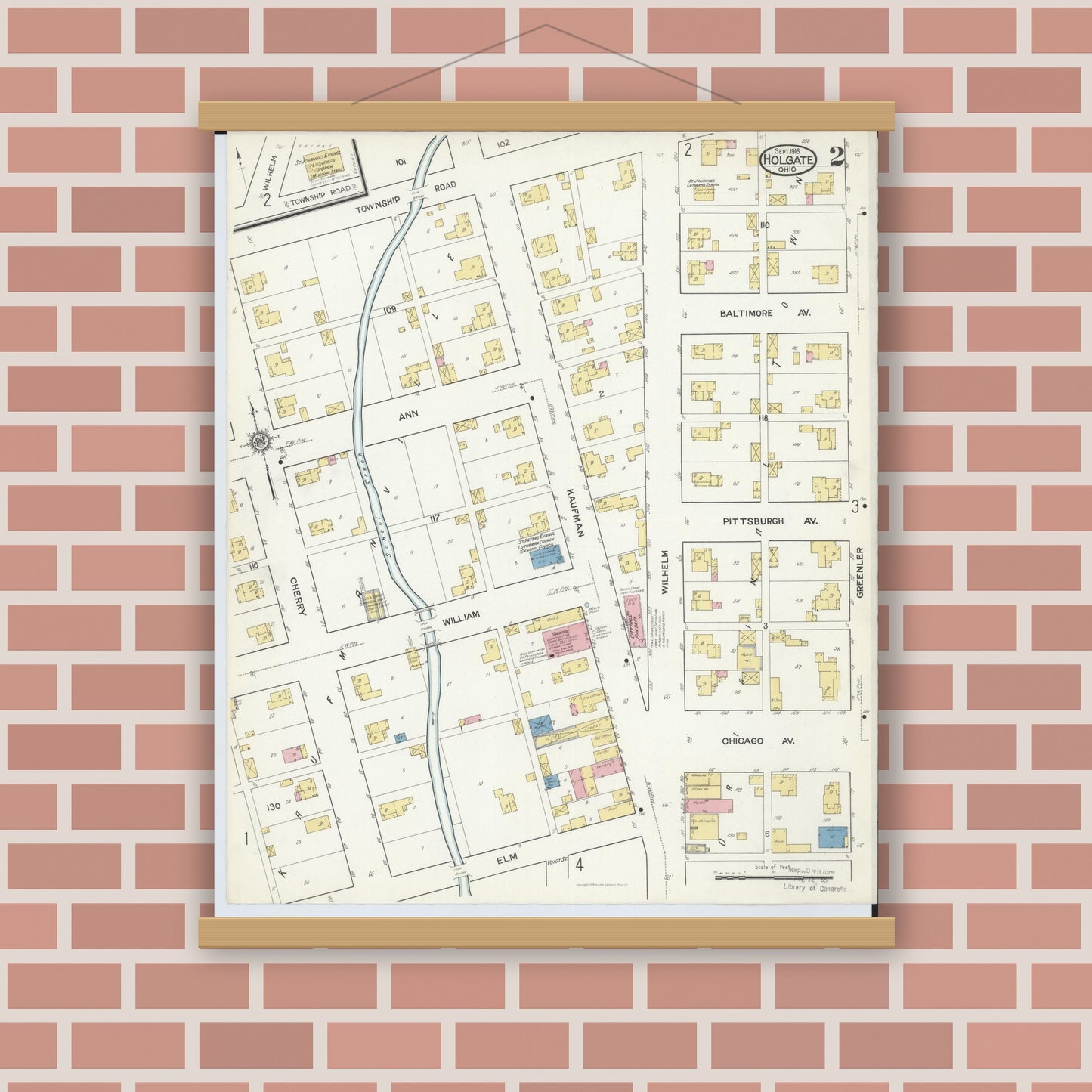 Old map wall art mockup — magnetic wood frame on brick wall — Sanborn Fire Insurance Map from Holgate, Henry County, Ohio (1916), Sheet #0002