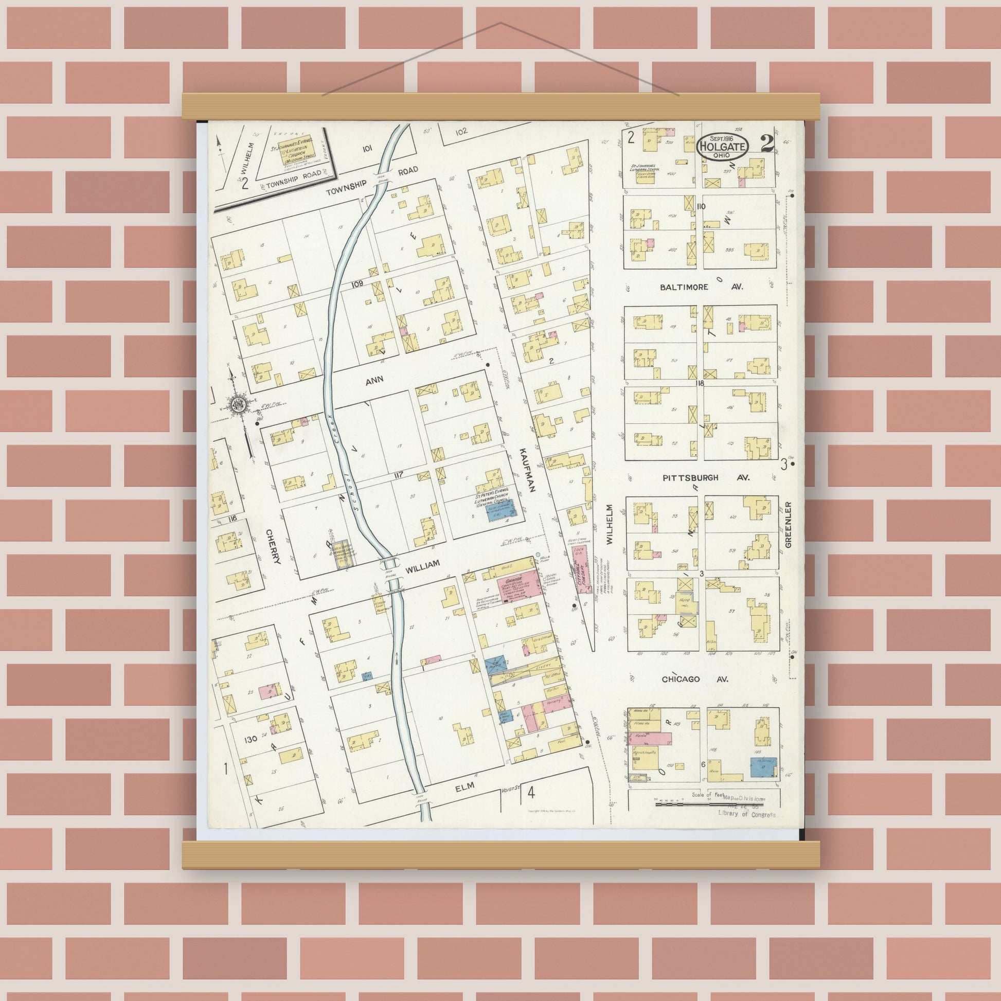 Old map wall art mockup — magnetic wood frame on brick wall — Sanborn Fire Insurance Map from Holgate, Henry County, Ohio (1916), Sheet #0002