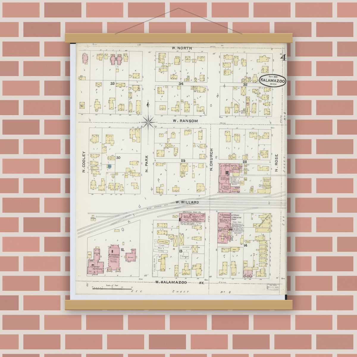 Old map wall art mockup — magnetic wood frame on brick wall — Sanborn Fire Insurance Map from Kalamazoo, Kalamazoo County, Michigan (1891), Sheet #0004
