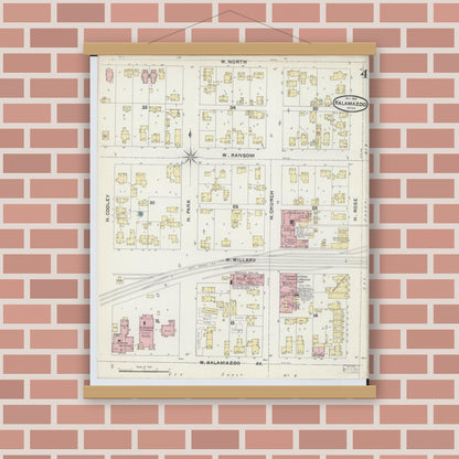 Old map wall art mockup — magnetic wood frame on brick wall — Sanborn Fire Insurance Map from Kalamazoo, Kalamazoo County, Michigan (1891), Sheet #0004