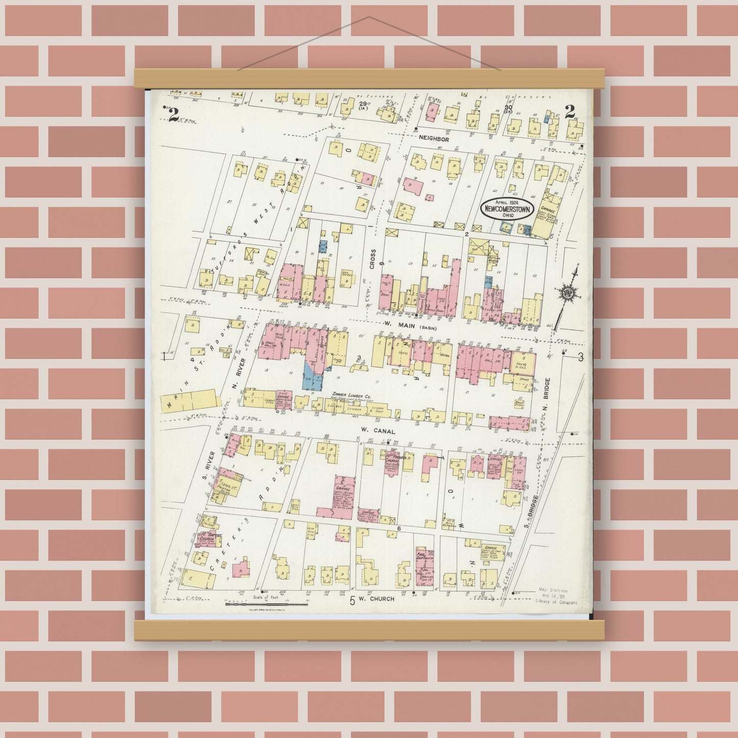 Old map wall art mockup — magnetic wood frame on brick wall — Sanborn Fire Insurance Map from Newcomerstown, Tuscarawas County, Ohio (1924), Sheet #0002