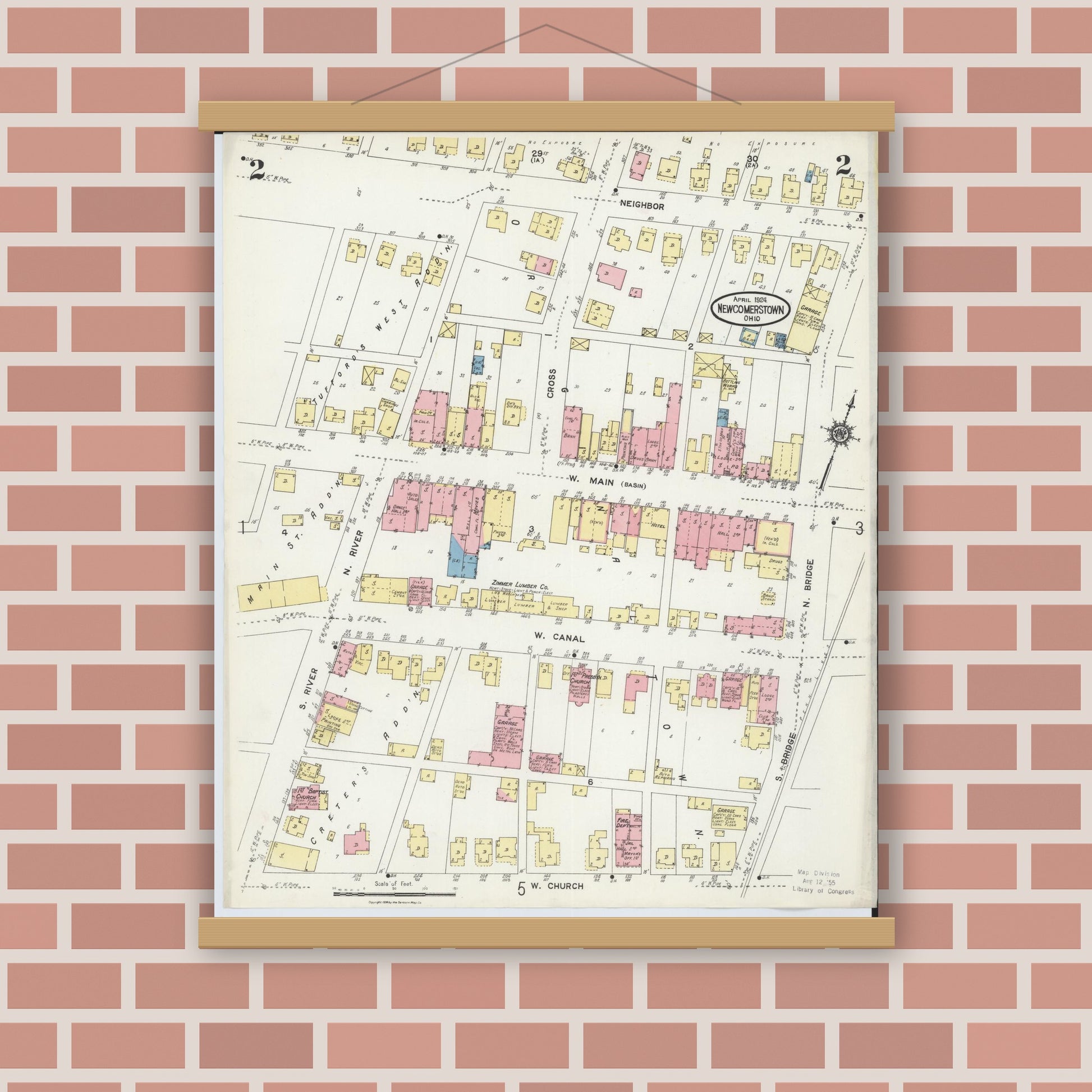 Old map wall art mockup — magnetic wood frame on brick wall — Sanborn Fire Insurance Map from Newcomerstown, Tuscarawas County, Ohio (1924), Sheet #0002