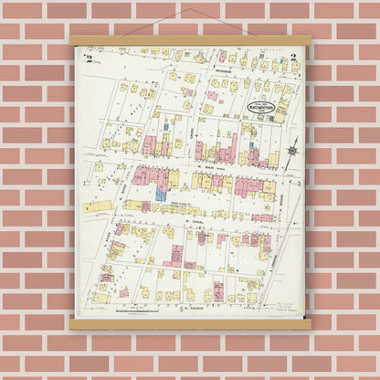 Old map wall art mockup — magnetic wood frame on brick wall — Sanborn Fire Insurance Map from Newcomerstown, Tuscarawas County, Ohio (1924), Sheet #0002
