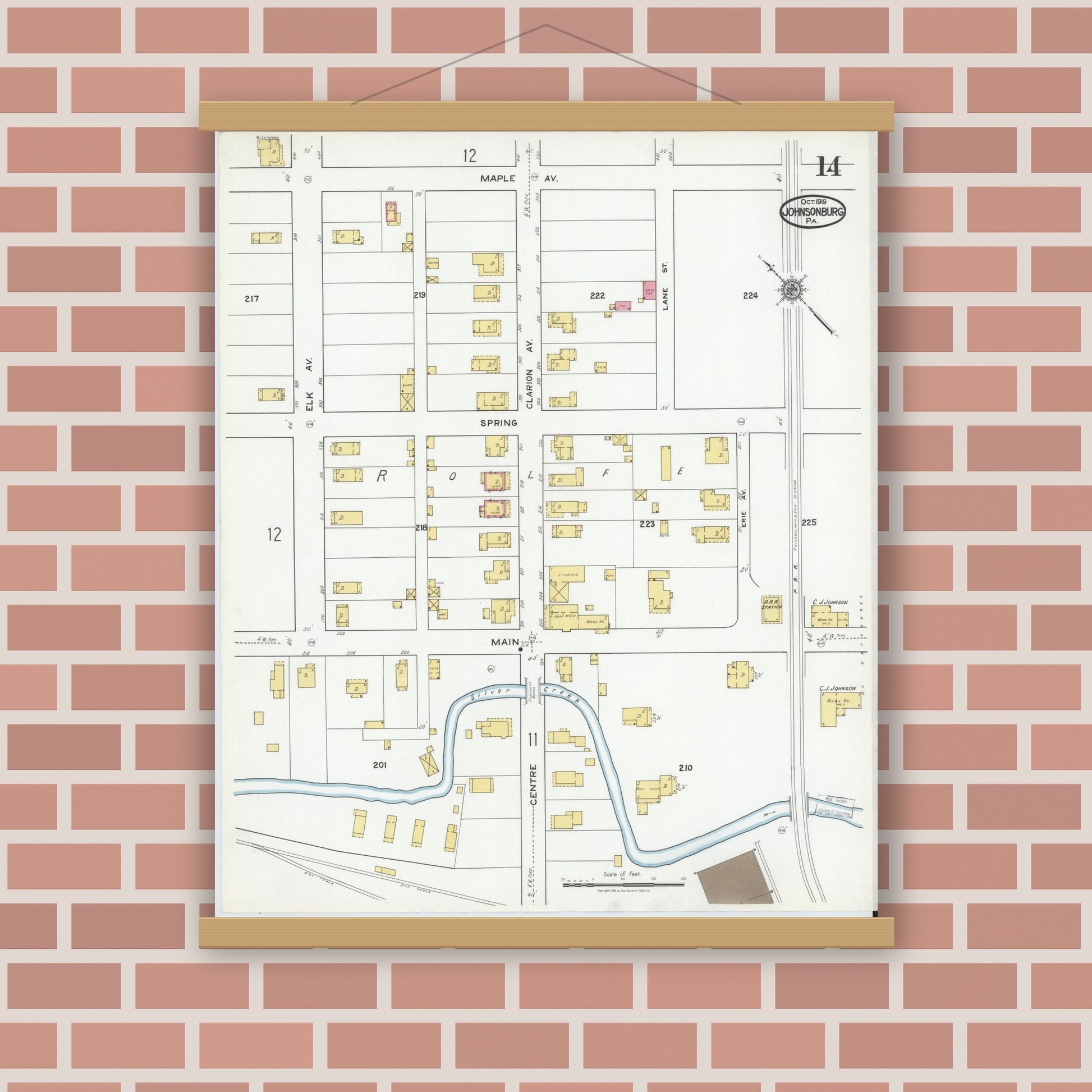 Old map wall art mockup — magnetic wood frame on brick wall — Sanborn Fire Insurance Map from Johnsonburg, Elk County, Pennsylvania (1919), Sheet #0014