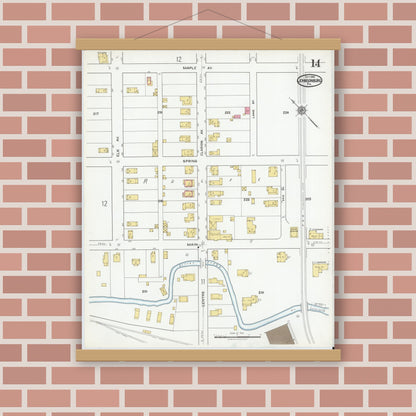 Old map wall art mockup — magnetic wood frame on brick wall — Sanborn Fire Insurance Map from Johnsonburg, Elk County, Pennsylvania (1919), Sheet #0014