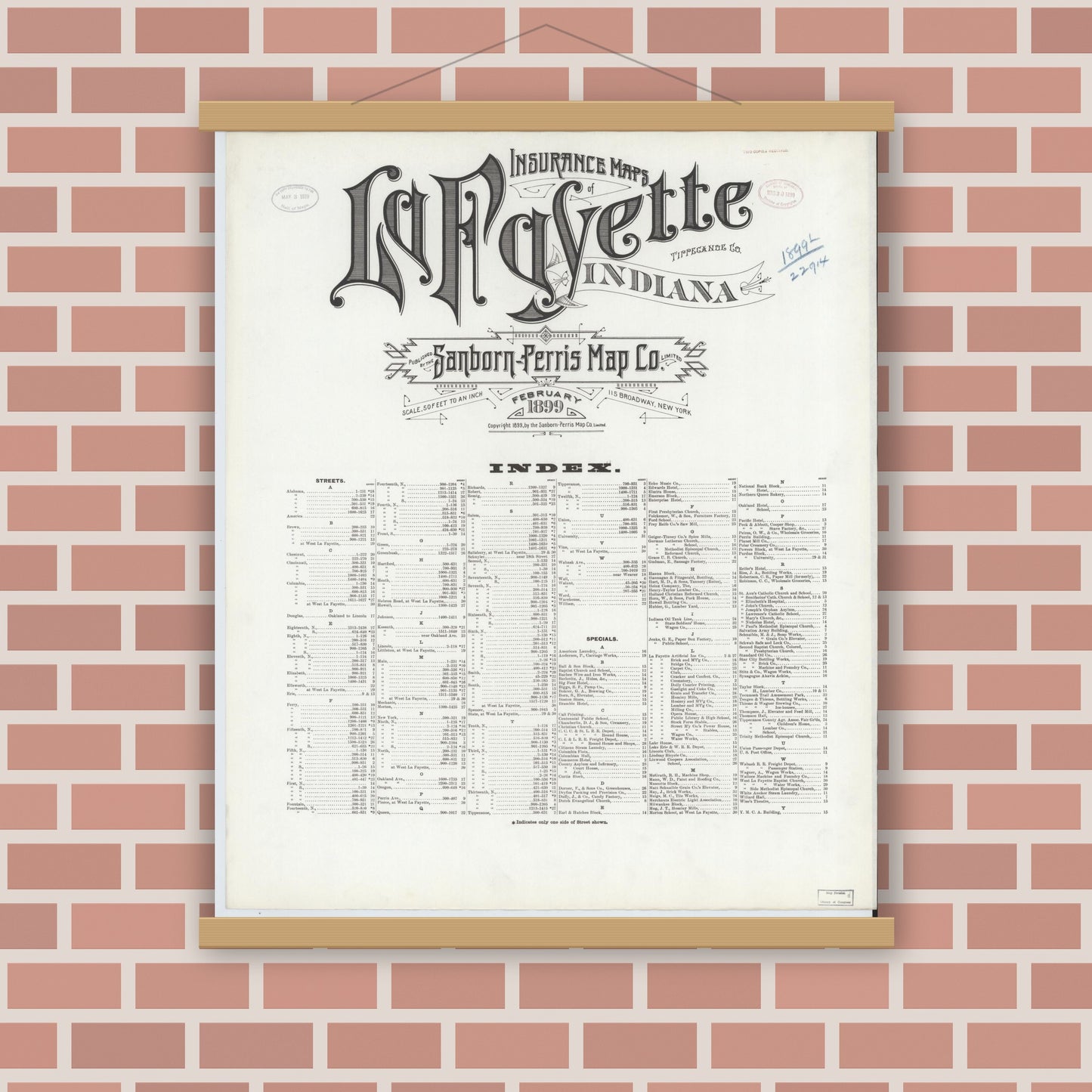 Old map wall art mockup — magnetic wood frame on brick wall — Sanborn Fire Insurance Map from Lafayette, Tippecanoe County, Indiana (1899), Sheet #0001