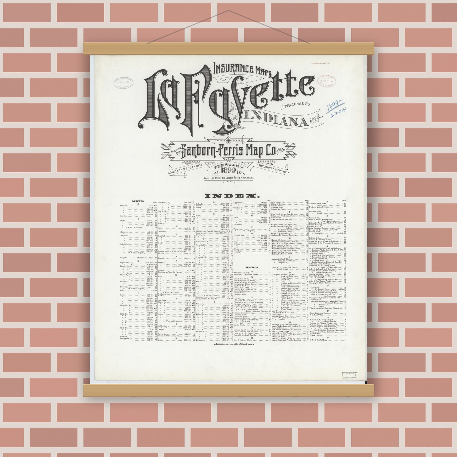 Old map wall art mockup — magnetic wood frame on brick wall — Sanborn Fire Insurance Map from Lafayette, Tippecanoe County, Indiana (1899), Sheet #0001