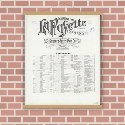Old map wall art mockup — magnetic wood frame on brick wall — Sanborn Fire Insurance Map from Lafayette, Tippecanoe County, Indiana (1899), Sheet #0001