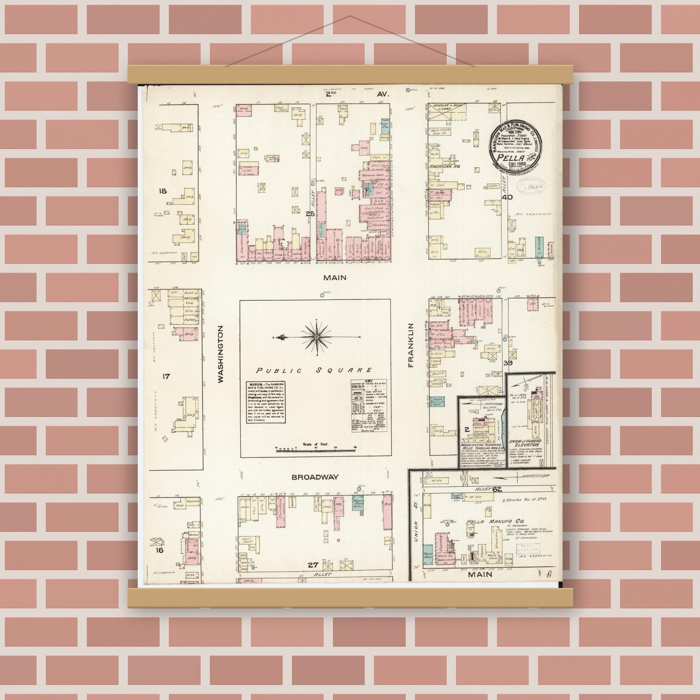 Old map wall art mockup — magnetic wood frame on brick wall — Sanborn Fire Insurance Map from Pella, Marion County, Iowa (1883), Sheet #0001