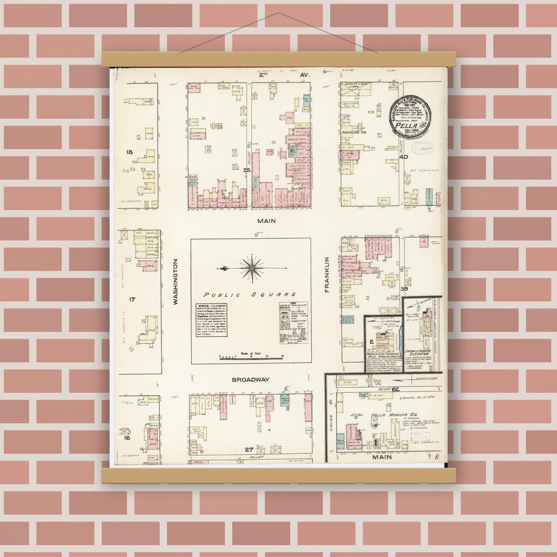 Old map wall art mockup — magnetic wood frame on brick wall — Sanborn Fire Insurance Map from Pella, Marion County, Iowa (1883), Sheet #0001