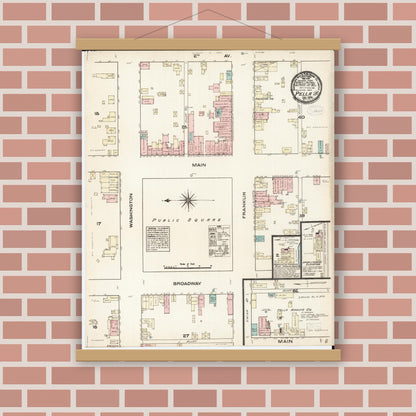 Old map wall art mockup — magnetic wood frame on brick wall — Sanborn Fire Insurance Map from Pella, Marion County, Iowa (1883), Sheet #0001