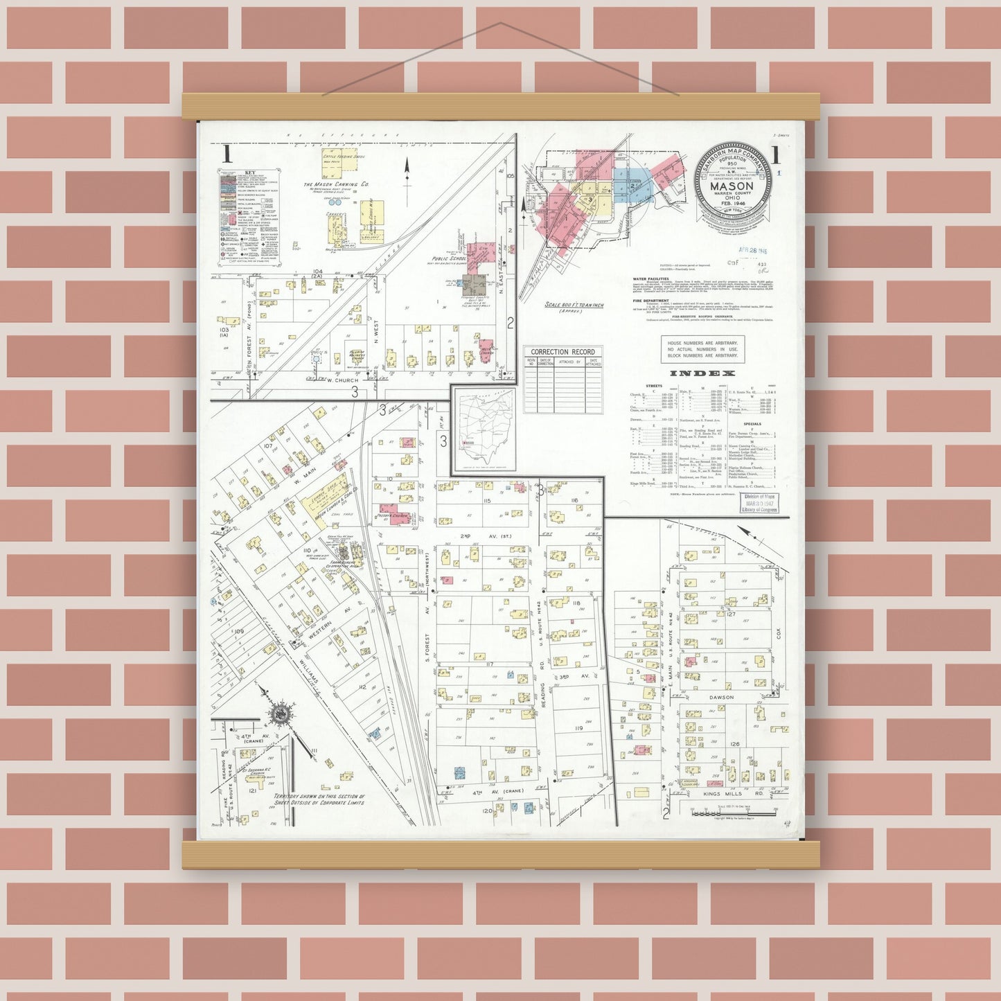 Old map wall art mockup — magnetic wood frame on brick wall — Sanborn Fire Insurance Map from Mason, Warren County, Ohio (1946) - Complete Map Set