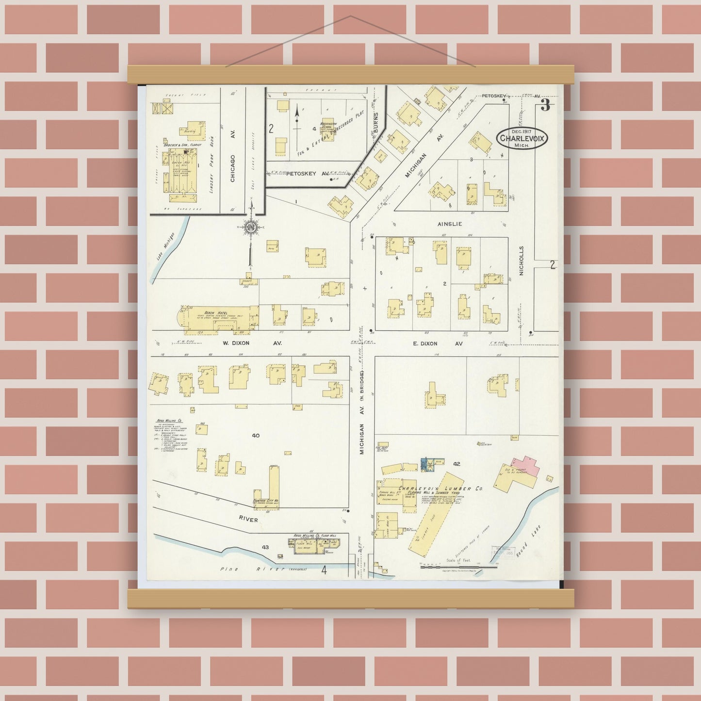 Old map wall art mockup — magnetic wood frame on brick wall — Sanborn Fire Insurance Map from Charlevoix, Charlevoix County, Michigan (1917), Sheet #0003