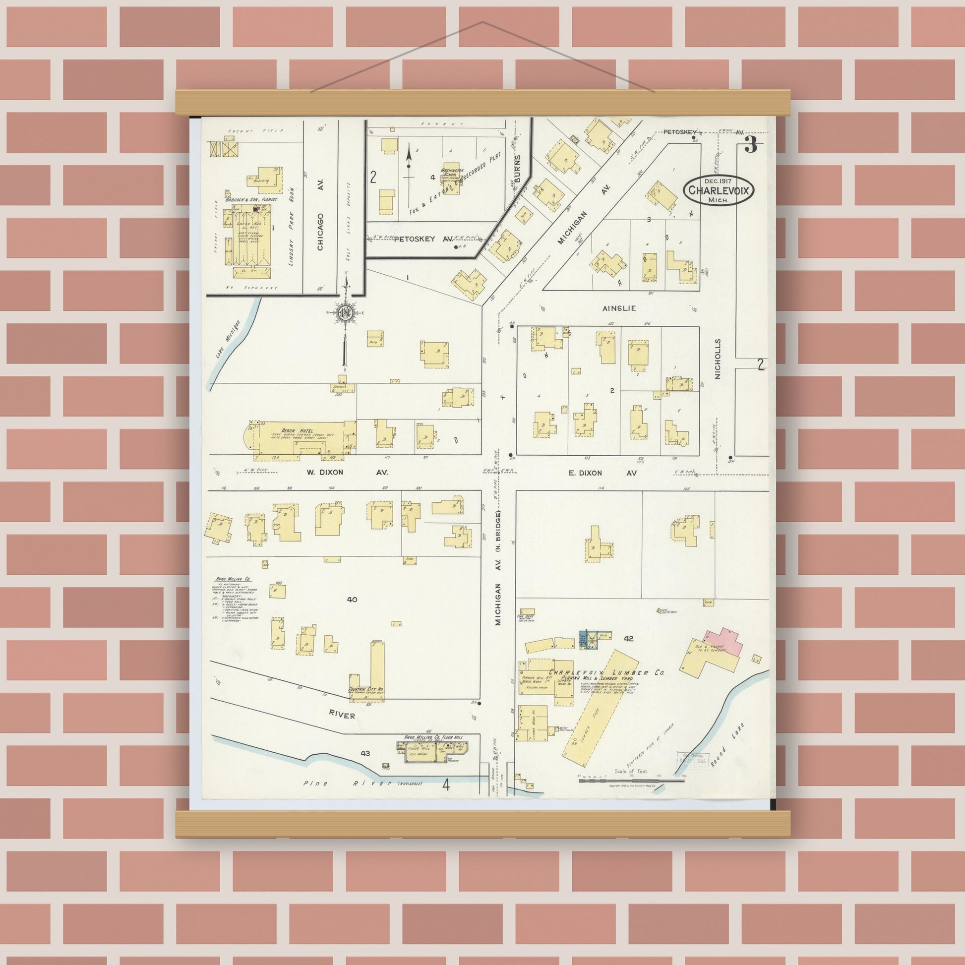 Old map wall art mockup — magnetic wood frame on brick wall — Sanborn Fire Insurance Map from Charlevoix, Charlevoix County, Michigan (1917), Sheet #0003