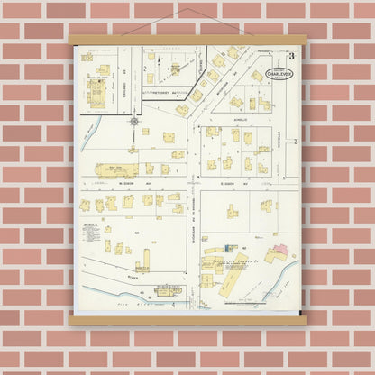 Old map wall art mockup — magnetic wood frame on brick wall — Sanborn Fire Insurance Map from Charlevoix, Charlevoix County, Michigan (1917), Sheet #0003