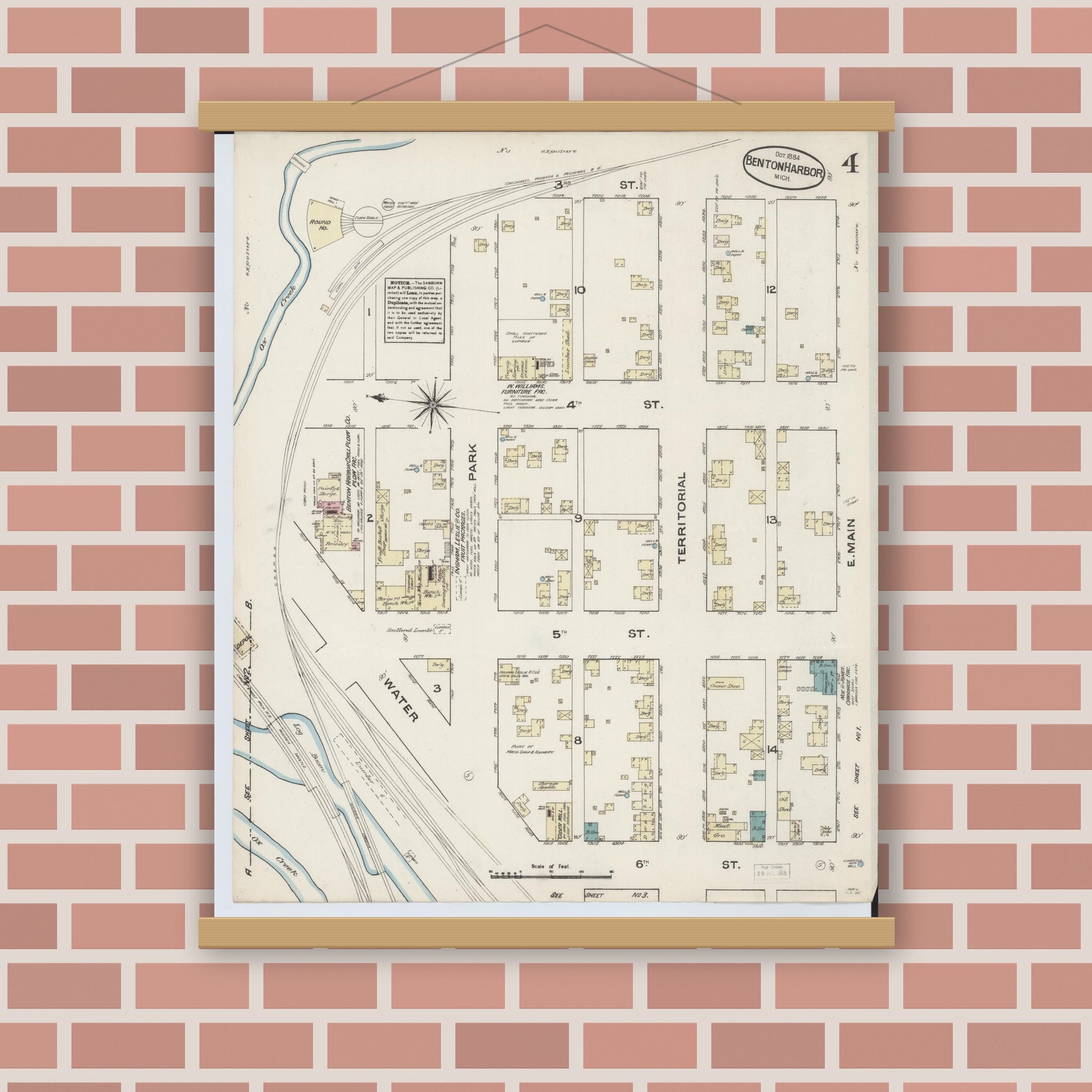 Old map wall art mockup — magnetic wood frame on brick wall — Sanborn Fire Insurance Map from Benton Harbor, Berrien County, Michigan (1884), Sheet #0004