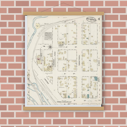 Old map wall art mockup — magnetic wood frame on brick wall — Sanborn Fire Insurance Map from Benton Harbor, Berrien County, Michigan (1884), Sheet #0004