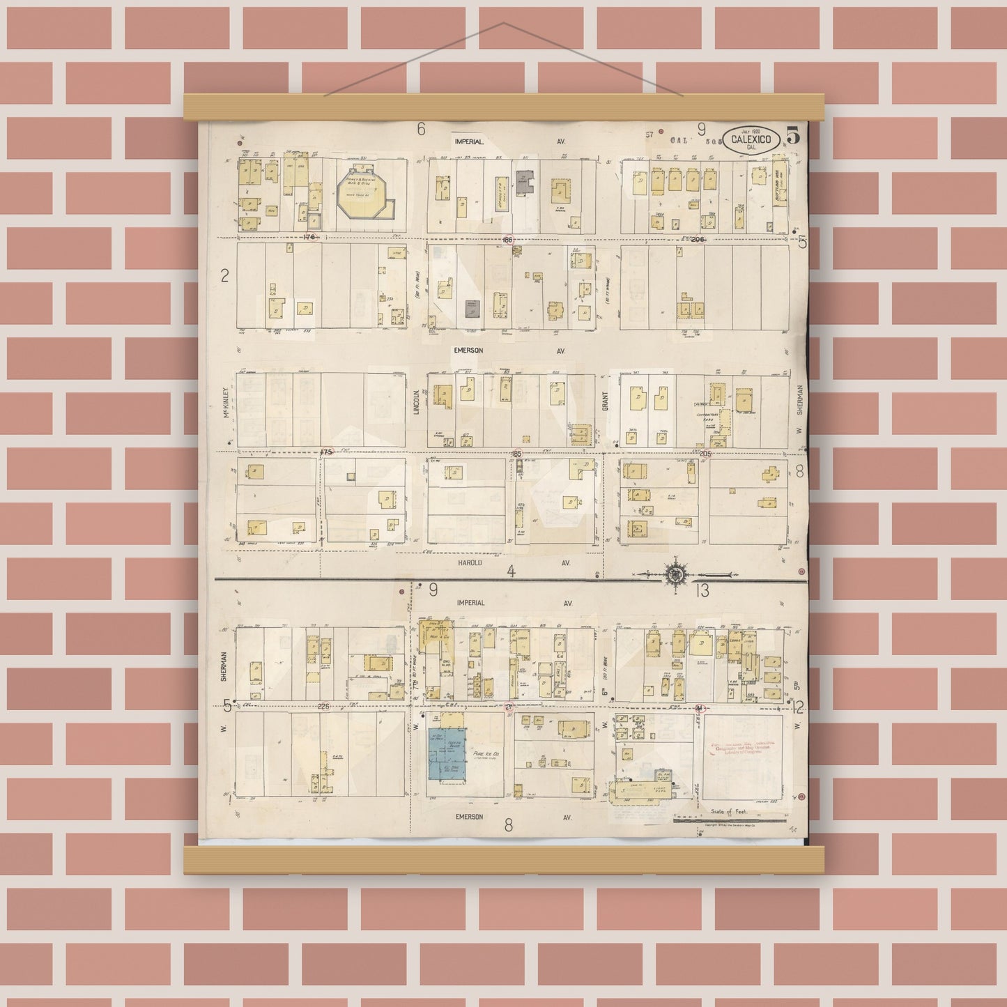 Old map wall art mockup — magnetic wood frame on brick wall — Sanborn Fire Insurance Map from Calexico, Imperial County, California (1949), Sheet #0005