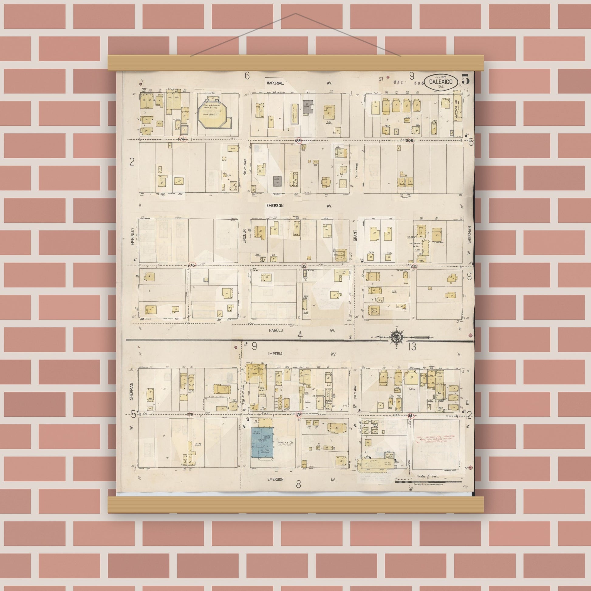 Old map wall art mockup — magnetic wood frame on brick wall — Sanborn Fire Insurance Map from Calexico, Imperial County, California (1949), Sheet #0005